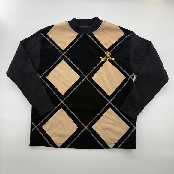 Timberland Men’s Large Sweater Black Tan Argyle Crewneck Pullover Logo Spell Out - Picture 1 of 5